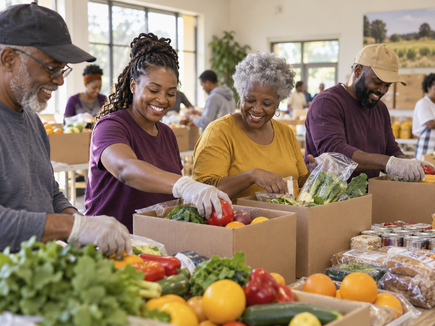 Volunteers preparing fresh food and care packages