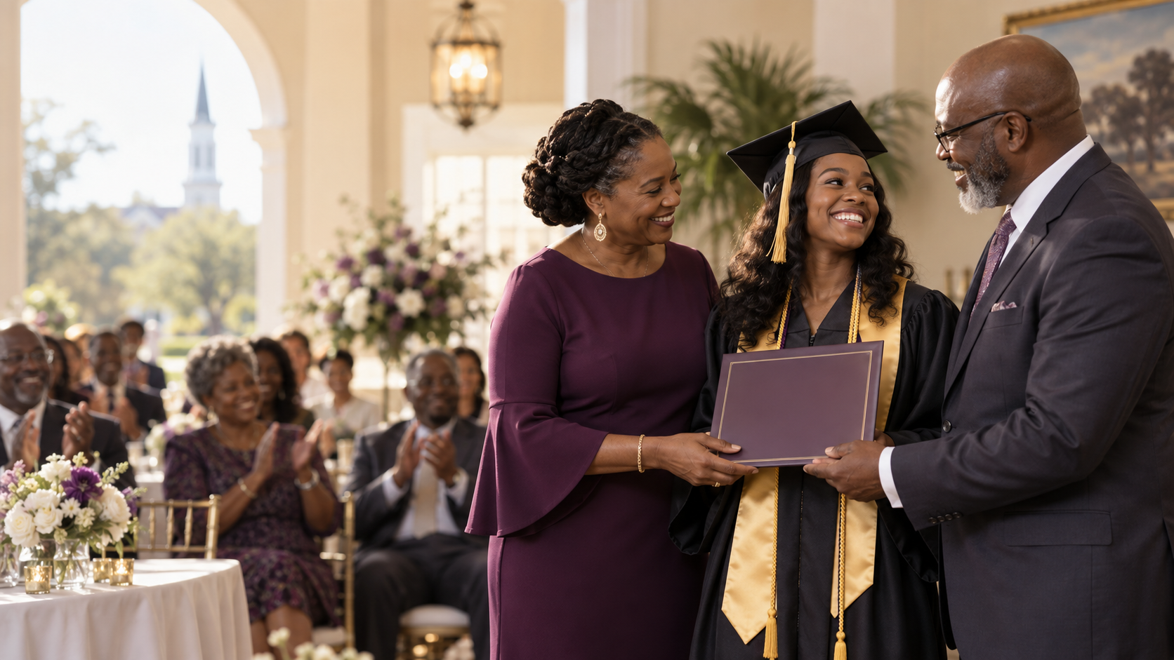 A graduate receiving a scholarship from community leaders